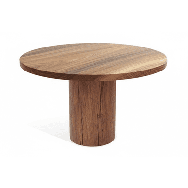 A round, solid wood coffee table featuring a thick, cylindrical pedestal base and a round tabletop, both displaying natural wood grain. — 3D model (AI enhanced source)