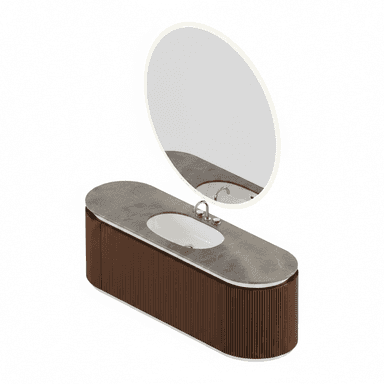 A contemporary wall-mounted bathroom vanity featuring an elongated oval cabinet base with dark brown fluted wood paneling, topped with an oval grey engineered stone countertop. It includes an integrated white ceramic sink and a chrome single-handle faucet. Above the vanity is a matching large oval mirror with integrated LED backlighting, completing a sleek and functional bathroom ensemble. — 3D model (AI enhanced source)
