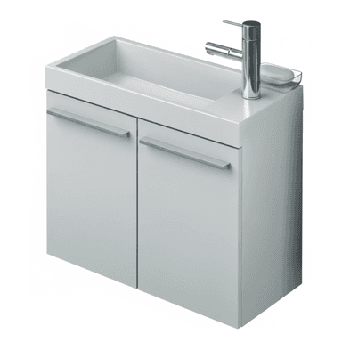 A modern, compact, wall-mounted bathroom vanity unit featuring an integrated rectangular sink, two cabinet doors with horizontal bar pulls, and a single-handle chrome faucet. — 3D model (AI enhanced source)