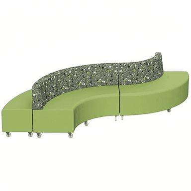 A modular, curved sofa composed of three segments. The base and seat are upholstered in a solid, bright green fabric. The backrest is also curved and upholstered in segments, featuring a patterned fabric with gray as the base color and white and lime green circular and swirl motifs. The sofa is equipped with casters on its base, indicating mobility. — 3D model (AI enhanced source)