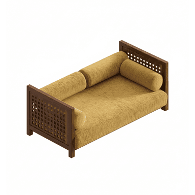 A modern daybed featuring a dark stained wooden frame with a distinctive lattice pattern on the backrest and one side panel. The seating surface is upholstered in a mustard yellow or gold-colored textured fabric, accompanied by three matching bolster cushions—one long cushion spanning the back and two shorter ones for the sides. The daybed sits on four short, sturdy wooden legs. — 3D model (AI enhanced source)