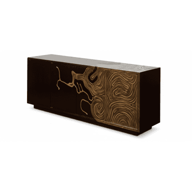 A sophisticated, long rectangular storage unit, characterized by its dark, sleek body and highly decorative front panels. The doors feature an elaborate, abstract organic or topographical pattern rendered in an embossed metallic finish, likely brass or bronze, which stands out against the darker cabinet. The pattern fluidly spans across multiple doors, creating a cohesive artistic statement. The credenza sits on a recessed plinth base, giving it a floating appearance. — 3D model (AI enhanced source)