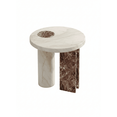 A round side table crafted from two distinct types of marble, featuring a cream-colored top with a recessed circular inlay of reddish-brown marble. The base is composed of an asymmetric arrangement: one cylindrical leg of the cream marble and two flat, rectangular panels of the reddish-brown marble, creating a visually striking and modern design. — 3D model (AI enhanced source)