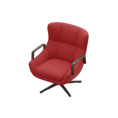 A modern swivel armchair upholstered in a vibrant red material, featuring a high backrest, integrated armrests with black accents, and a black four-star base designed for rotational movement. — 3D model (AI enhanced source)