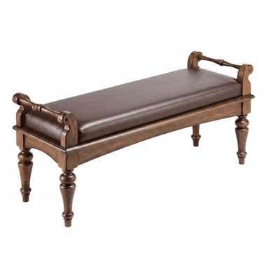 A traditional style bench featuring a sturdy dark wood frame with ornate turned legs and scrolled armrest-like elements at either end. The rectangular seat is upholstered in a dark brown, possibly leather or faux leather, material with visible stitching. The overall design suggests a classic aesthetic suitable for various formal or traditional interior settings. — 3D model (AI enhanced source)