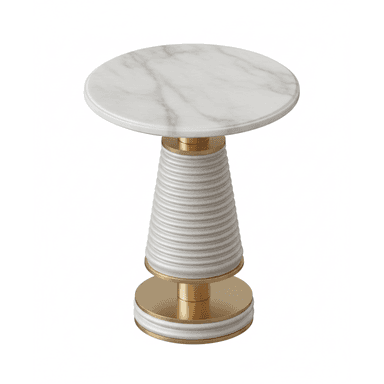 A modern accent table featuring a round white marble top with grey veining, a central inverted conical pedestal base with horizontal white ribbing, and polished gold metallic accents on the top, middle, and tiered circular bottom base. — 3D model (AI enhanced source)