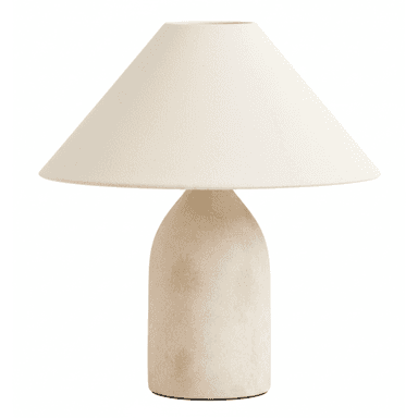 A contemporary table lamp featuring a rounded, textured beige ceramic base and a wide, conical off-white fabric shade, designed for ambient lighting. — 3D model (AI enhanced source)