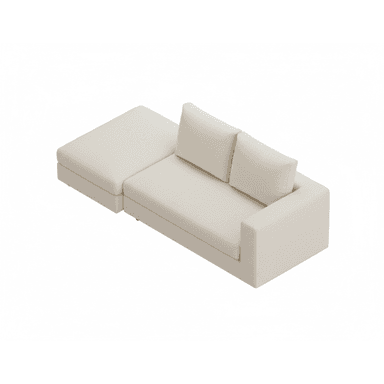 A contemporary modular sectional sofa featuring light-colored fabric upholstery, comprising a main seating unit with a broad armrest and back cushions, and an integrated chaise lounge extension. The design emphasizes clean lines and a minimalist aesthetic. — 3D model (AI enhanced source)