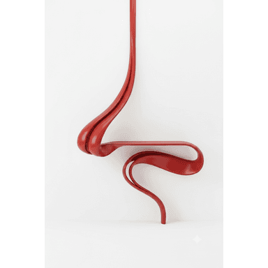 A vibrant red, wall-mounted sculptural console table with a highly fluid, curvilinear design. The narrow tabletop emerges from a thick, flowing ribbon-like structure that attaches to the wall and descends to the floor, forming its primary support. Its continuous, organic form makes it both a functional surface and a striking art piece. — 3D model (AI enhanced source)