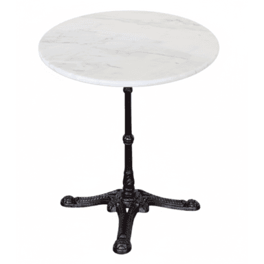 A round bistro table featuring a white marble top with subtle grey veining, supported by a single, dark-colored, ornately cast iron pedestal base. The base has four scrolling feet for stability and decorative elements on the column. — 3D model (AI enhanced source)