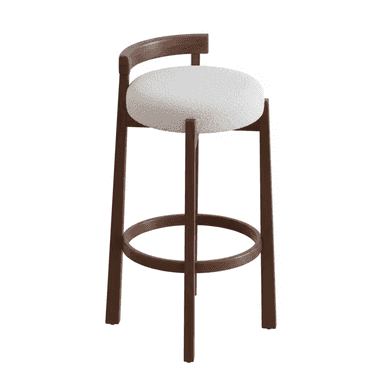 A modern bar stool featuring a dark walnut-finished wooden frame, a gently curved backrest, and a circular seat upholstered in textured cream boucle fabric. It includes a circular wooden footrest for comfort. — 3D model (AI enhanced source)