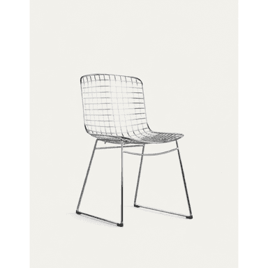A modern armless chair featuring a chrome-plated steel wire grid for the seat and backrest, supported by a minimalist sled-style metal frame. — 3D model (AI enhanced source)