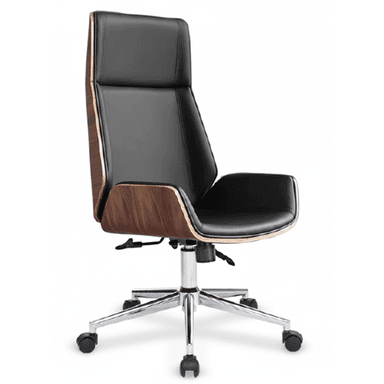 A modern high-back executive office chair featuring a black upholstered seat and back, encased by a bentwood frame with a walnut veneer finish. The chair includes integrated armrests, a pneumatic lift for height adjustment, and a chrome-plated five-star base fitted with black casters for mobility. The design combines ergonomic function with a sleek, contemporary aesthetic. — 3D model (AI enhanced source)