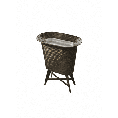 An oval-shaped beverage cooler stand featuring a dark, hammered bronze-finished metal body with a removable polished stainless steel insert. It stands on four splayed legs forming an X-shape support at the base. — 3D model (AI enhanced source)