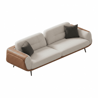A contemporary two-seater sofa featuring a light beige fabric upholstery for the main body and seat cushions, contrasted with rich brown leather on the outer frame, including the armrests and lower perimeter. The sofa rests on slender, tapered black metal legs and includes two dark gray accent pillows. — 3D model (AI enhanced source)