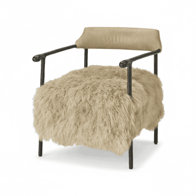 An armchair featuring a dark, open metal frame, with a shaggy, textured seat and lower back upholstery, and a smoother, curved upholstered upper backrest. The frame includes straight armrests that terminate in rounded caps. The overall aesthetic combines industrial elements with cozy, modern textures. — 3D model (AI enhanced source)