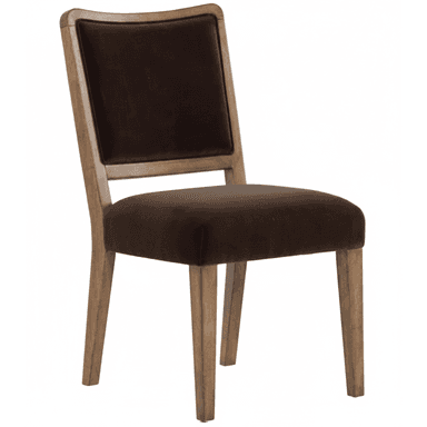 A contemporary armless dining chair featuring a light-toned wooden frame with a gently curved top rail on the backrest. The seat and backrest are upholstered in a dark brown, plush fabric, likely velvet. The chair stands on four sturdy, slightly tapered wooden legs. — 3D model (AI enhanced source)