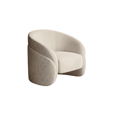 A modern barrel-style chair featuring two-tone upholstery. The inner seat, back, and armrests are upholstered in a smooth, light beige or cream fabric, while the outer shell and sides are covered in a textured, woven light gray or natural linen-like fabric. The chair has a rounded, cohesive form with no visible legs, giving it a low-profile and contemporary aesthetic. — 3D model (AI enhanced source)