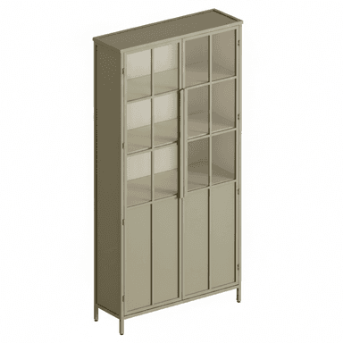 A tall, rectangular display cabinet in a muted sage green finish, featuring two upper glass-paned doors for display and two lower solid doors for concealed storage, elevated on slender metal legs. — 3D model (AI enhanced source)