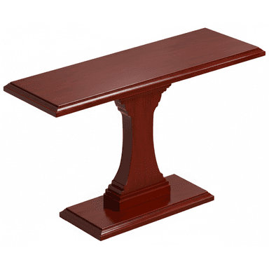 A narrow, rectangular console table featuring a single, central pedestal base, finished in a polished dark cherry wood. — 3D model (AI enhanced source)