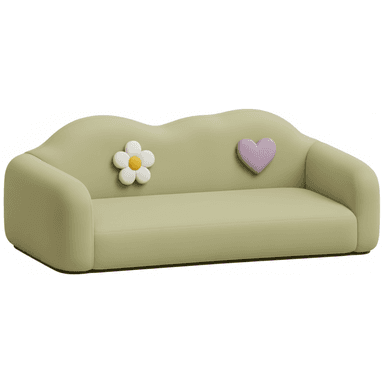 A light green upholstered sofa featuring a distinctive wavy backrest, rounded arms, and a single seat cushion. It is decorated with a white daisy appliqué and a purple heart appliqué on the back. — 3D model (AI enhanced source)