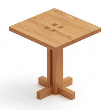 A square wooden pedestal table with a natural oak finish and a subtle geometric inlay on the tabletop, supported by a central column and cross-shaped base. — 3D model (AI enhanced source)