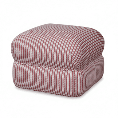 A rectangular ottoman upholstered in a red, white, and gray striped fabric, featuring soft, rounded edges and a cushioned construction. It appears to consist of two distinct, well-padded sections, one on top of the other, giving it a plush and comfortable appearance. There are no visible legs, suggesting a low-profile design. — 3D model (AI enhanced source)