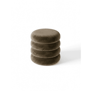 A contemporary, multi-tiered ottoman featuring four stacked, circular upholstered elements. Each tier is plush and soft, suggesting a velvet or similar textile finish. The overall form is cylindrical with gently rounded edges, presented in a neutral taupe or mushroom brown color. It serves as both a decorative accent and a functional seating or footrest piece. — 3D model (AI enhanced source)