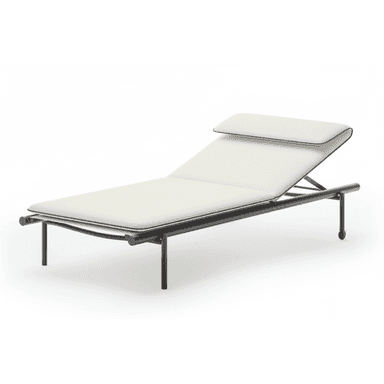 A modern chaise lounge with a sleek, minimalist design. It features a thin, rectangular frame supporting a padded mattress and a separate headrest. The frame is constructed from dark-colored metal, and the upholstery is a light, neutral color with thin, contrasting piping along the edges. One end of the frame has small wheels for mobility. — 3D model (AI enhanced source)