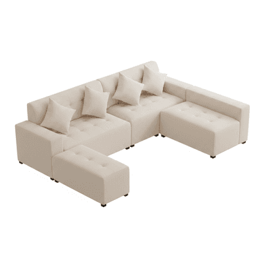 A contemporary modular U-shaped sectional sofa with two chaises, upholstered in a light beige fabric. The design features deep button tufting on the seat cushions and chaises, and includes several matching throw pillows. It has a low-profile silhouette with dark, short block legs. — 3D model (AI enhanced source)