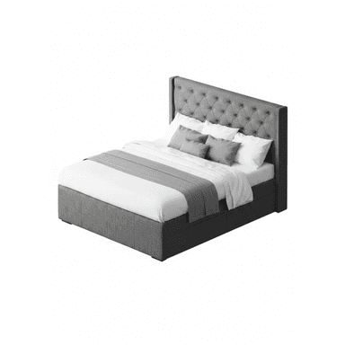 A contemporary grey fabric upholstered bed featuring a deeply tufted, winged headboard with decorative nailhead trim, and a platform base that appears to incorporate storage. — 3D model (AI enhanced source)