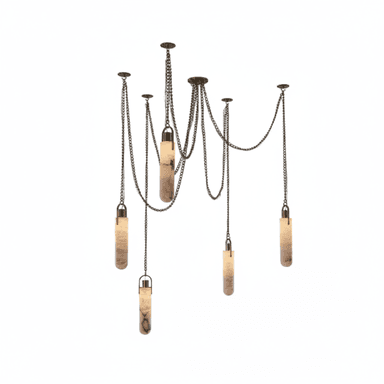 A sophisticated multi-pendant chandelier featuring five cylindrical alabaster shades suspended at varying heights by dark metal chains. The chains connect to a central ceiling plate and several individual ceiling roses, creating a graceful, draped effect. The translucent alabaster emits a warm, diffused light, highlighting the natural veining of the stone. The metal hardware and chains appear to be an antique brass or bronze finish. — 3D model (AI enhanced source)
