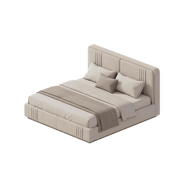 A modern upholstered platform bed featuring a tall headboard and low-profile frame, both adorned with vertical channel tufting. The bed is presented with neutral bedding, including pillows and a throw blanket. — 3D model (AI enhanced source)