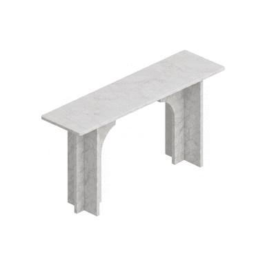 A long, narrow console table crafted entirely from white marble with distinct gray veining, featuring a rectangular top and two robust, architectural-style support legs. — 3D model (AI enhanced source)