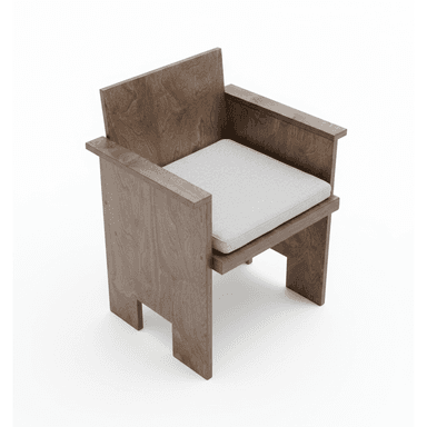 A modern, angular armchair constructed from dark-stained wood panels, featuring a boxy silhouette, wide flat armrests, and a separate light gray upholstered seat cushion. — 3D model (AI enhanced source)