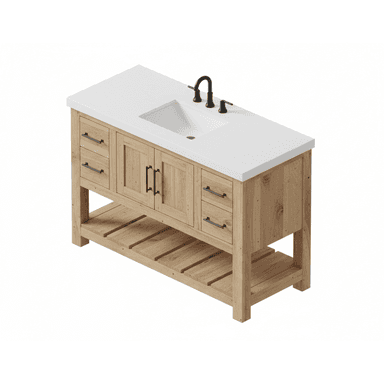 A rustic-style bathroom vanity constructed from light-toned oak wood, featuring a white engineered stone countertop with an integrated rectangular ceramic sink. The vanity includes two functional drawers and a two-door cabinet in the center, all equipped with matte black bar pull handles. Below the main cabinet, there is an open slatted shelf for additional storage. A matte black gooseneck faucet and matching soap dispenser are mounted on the countertop. The overall design emphasizes clean lines and natural materials, suitable for a contemporary or farmhouse aesthetic. — 3D model (AI enhanced source)