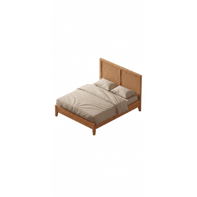 A contemporary platform bed featuring a light-toned wooden frame and a headboard with woven rattan panels, supported by four subtly tapered legs. It is dressed with simple light beige bedding. — 3D model (AI enhanced source)