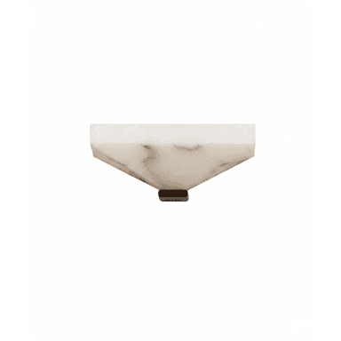 A contemporary wall sconce crafted from translucent alabaster, featuring a faceted, geometric form. The body is an inverted, truncated pyramid shape with a flat top, designed to cast light primarily upwards or downwards, depending on orientation. It exhibits natural veining inherent to alabaster, contributing to its organic yet refined aesthetic. A small, dark, rectangular base element is visible at the bottom, likely serving as a mounting point or decorative accent. The overall design suggests a sophisticated and minimalist lighting solution. — 3D model (AI enhanced source)