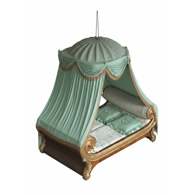 An opulent Empire-style daybed featuring a dark wood base with extensive gilded scrollwork, topped with a suspended pleated mint green canopy and matching upholstery. — 3D model (AI enhanced source)