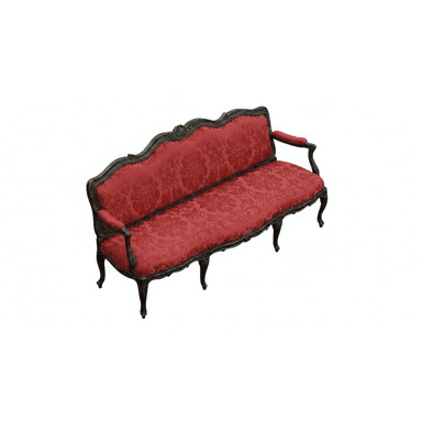 A vintage-style sofa with a carved wooden frame and upholstered seating and backrest. The frame exhibits ornate detailing, painted in a dark color, likely black or dark brown, with some gilded accents visible. The upholstery is a deep red fabric with a damask pattern, covering the seat, back, and armrests. The sofa features cabriole legs and curved armrests typical of Baroque or Rococo design influences. — 3D model (AI enhanced source)