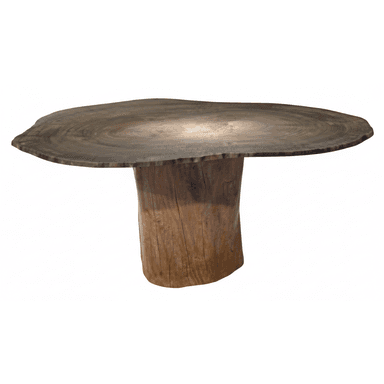 A robust dining table featuring a large, irregularly shaped live-edge wood slab as its top, displaying prominent wood grain and growth rings. It is supported by a thick, cylindrical wood pedestal base, showcasing a natural, rustic aesthetic. — 3D model (AI enhanced source)