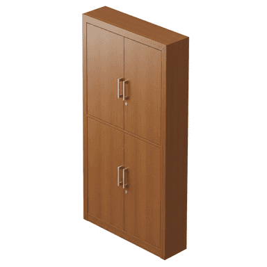 A tall, rectangular wooden storage cabinet finished in a medium brown tone with visible wood grain. The unit features four hinged doors, divided into two distinct upper and lower compartments. Each compartment is secured by two doors, fitted with modern brushed metal bar pull handles and a key lock mechanism. The cabinet stands on a low plinth base. — 3D model (AI enhanced source)