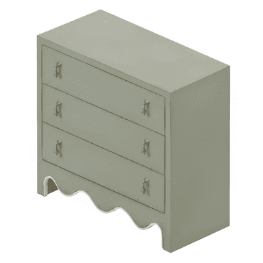 A three-drawer chest of drawers finished in a soft sage green color, featuring decorative brass-toned drop pull handles and a distinctive scalloped apron base. The piece has a clean, uniform painted surface and a sturdy rectangular top. — 3D model (AI enhanced source)