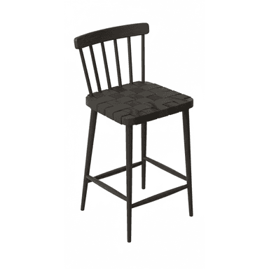 A modern dark-stained wooden bar stool featuring a spindle backrest and a square, tightly woven seat. It has four tapered, splayed legs connected by an integrated rectangular footrest. — 3D model (AI enhanced source)