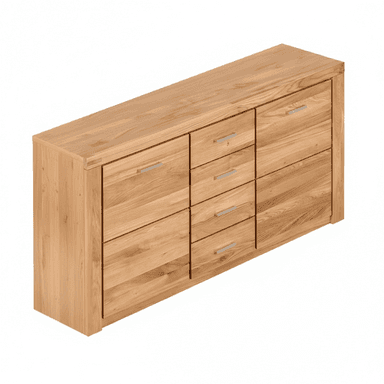 A rectangular, long, and low wooden storage unit, identifiable as a sideboard or credenza. It is constructed from light-colored solid oak wood, exhibiting prominent natural grain patterns across all surfaces. The front facade features nine individual drawers, arranged in a grid of three columns and three rows. Each drawer is equipped with a slender, horizontal silver-toned metal pull handle, contributing to its modern aesthetic. The piece rests on a recessed plinth base. — 3D model (AI enhanced source)
