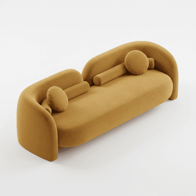 An elegant, contemporary armless sofa with a distinct curved silhouette, upholstered in a soft, plush ochre velvet fabric. It features a continuous, undulating backrest and arm-like extensions that gracefully curve around the seating area. The sofa is accompanied by one cylindrical bolster pillow and one circular pillow, designed to complement its organic form and enhance comfort. The design emphasizes fluidity and softness, suitable for modern living spaces. — 3D model (AI enhanced source)