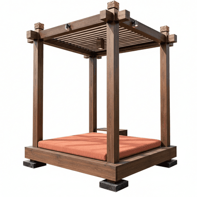 A contemporary outdoor cabana daybed featuring a robust dark-stained wooden frame, composed of a solid base platform, four substantial corner posts, and an overhead slatted canopy. The base is elevated by black stone-like blocks. A thick, orange upholstered cushion rests on the wooden platform. Small, discrete spotlights are integrated into the underside of the canopy structure, and decorative finials adorn the top of each post. — 3D model (AI enhanced source)
