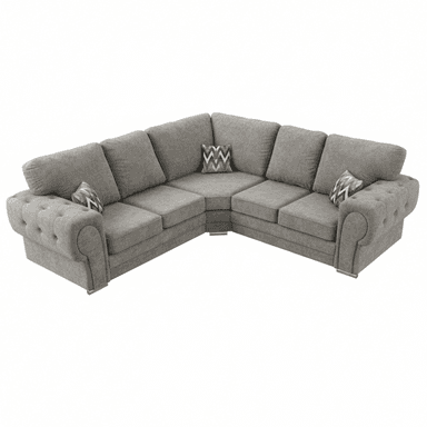 A large, L-shaped sectional sofa upholstered in light gray fabric, featuring button tufting on the rolled arms and base, loose seat and back cushions, and supported by low chrome block feet. Two patterned throw pillows are included. — 3D model (AI enhanced source)