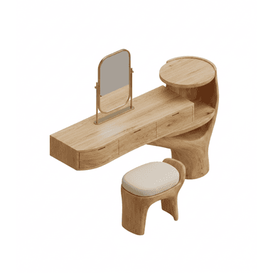A contemporary organic modern dressing table set featuring a light-colored wooden vanity with integrated drawers, a sculptural base that forms a side shelf, and a matching upholstered stool. A freestanding brass-framed mirror is included on the tabletop. — 3D model (AI enhanced source)