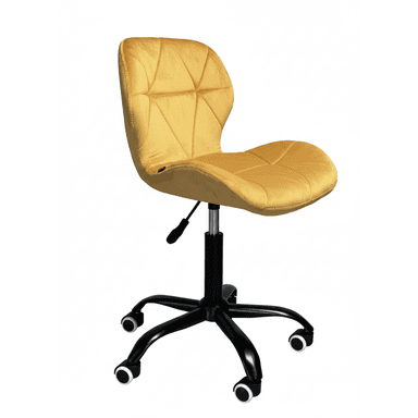 An armless office or task chair featuring a contoured seat and backrest upholstered in golden yellow velvet. The backrest and seat exhibit a distinctive geometric quilted pattern. The chair is supported by a black five-star base equipped with black and white casters for mobility. A visible lever indicates height adjustment functionality via a gas lift mechanism. The chair's design suggests a modern or contemporary aesthetic. — 3D model (AI enhanced source)